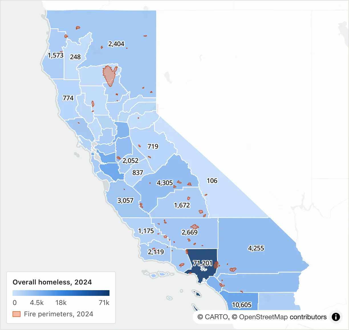 Map of California divided into 44 regions, shaded by 2024 homeless count and overlaid with that year’s fire perimeters in orange. Los Angeles is darkest, at 71,201.